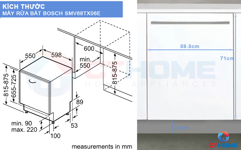 Kích thước máy rửa bát âm tủ Bosch SMV68TX06E và tấm ốp gỗ