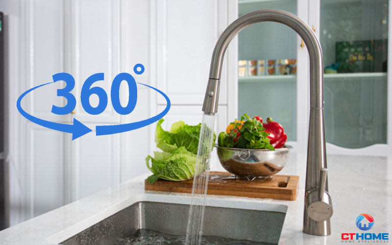 Thân vòi xoay 360 độ, đầu vòi có thể kéo dài tăng phạm vi rửa hơn