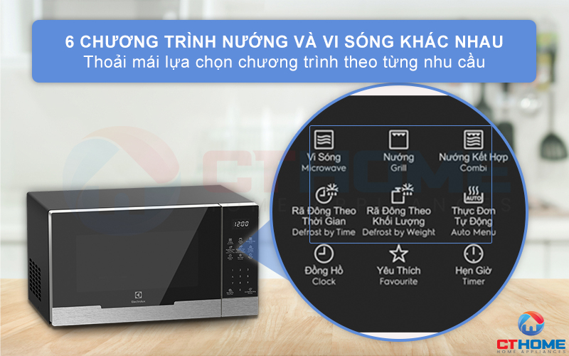 Tùy chọn 6 chương trình nướng và vi sóng khác nhau theo từng nhu cầu