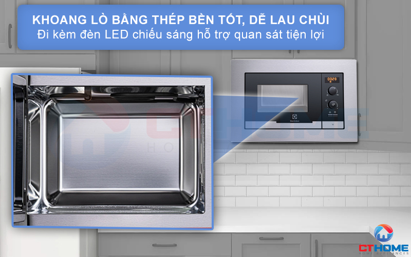 Khoang lò bằng thép bền tốt, dễ lau chùi đi kèm đèn LED tiện lợi