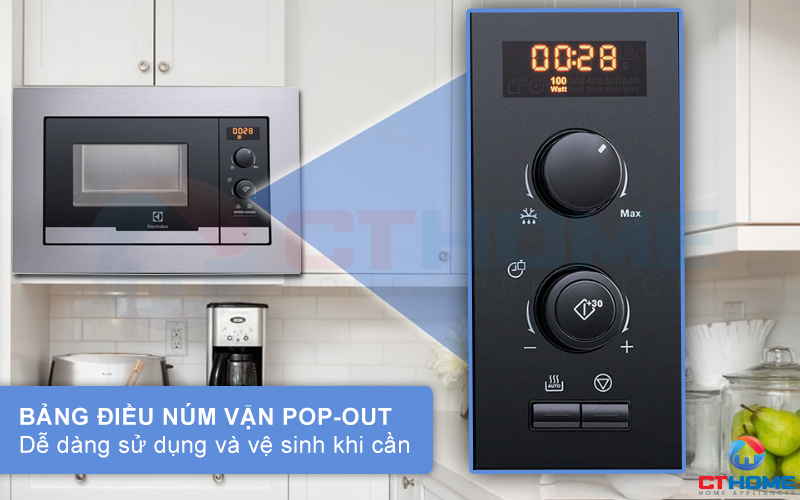 Bảng điều khiển của lò vi sóng Electrolux EMS2085X là hệ thống núm vặn Pop-out kết hợp với nút nhấn