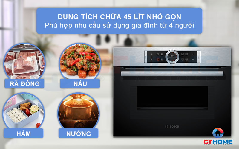 Dung tích nướng và vi sóng với 45 lít sử dụng cho gia đình từ 4-5 thành viên