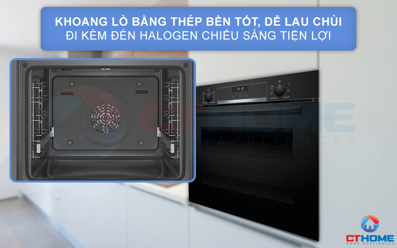 Khoang lò bằng thép bền tốt, dễ lau chùi đi kèm đèn Halogen tiện lợi