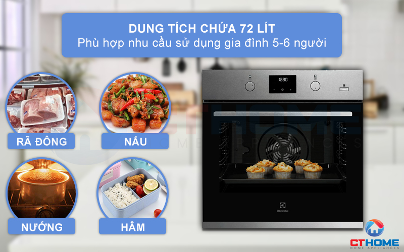 Dung tích nướng 72 lít thoải mái cho bạn sử dụng gia đình đông người