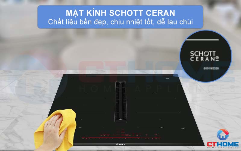 Mặt kính bếp từ Bosch PXX875D67E được trang bị kính Schott Ceran, chất liệu chính là gạch Ceramic