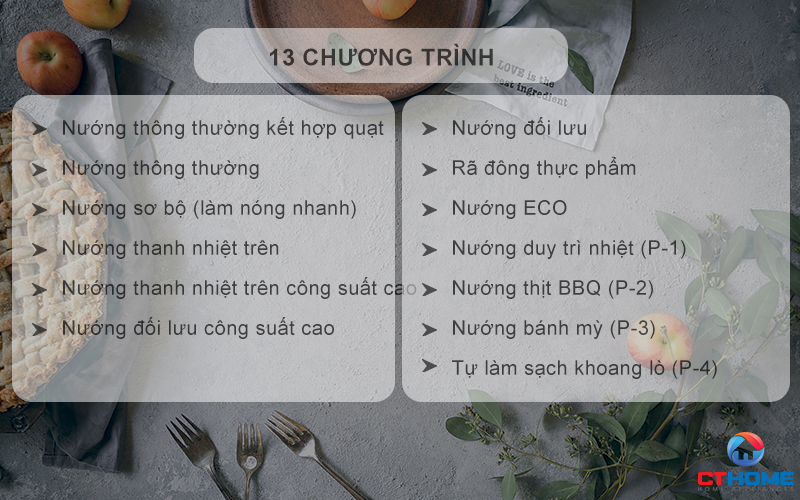 13 chương trình nấu, nướng tự động
