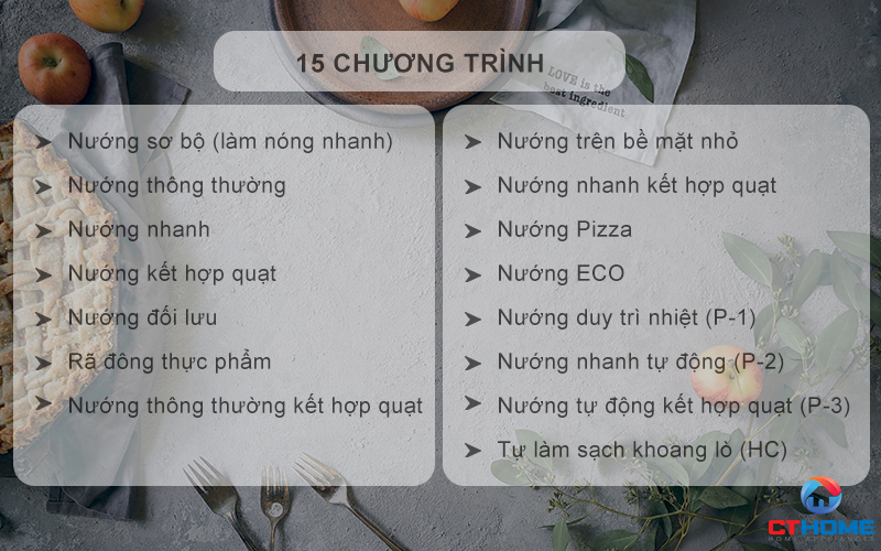 15 chương trình nấu, nướng tự động