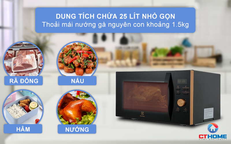 Dung tích chứa 25 lít thoải mái nướng nguyên con gà 1.5kg