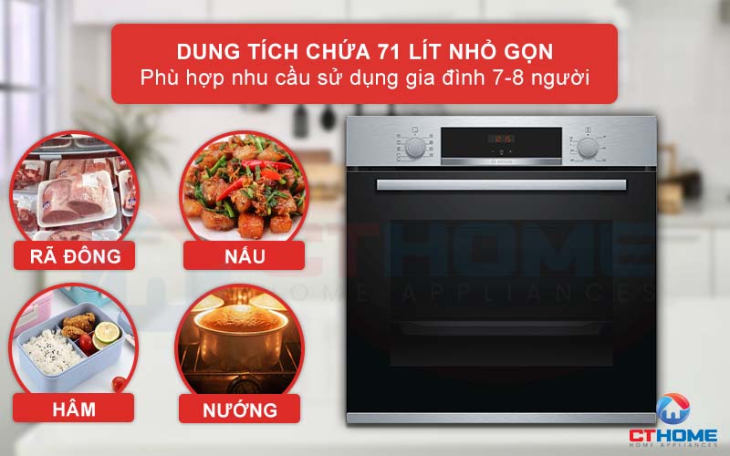 Lò nướng Bosch HBA534BS0A với dung tích 71 lít, phù hợp với gia đình 7-8 người