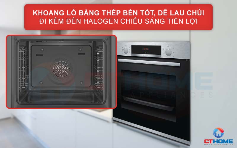 Khoang lò bằng thép không gỉ, bền đẹp đi kèm đèn Halogen chiếu sáng tiện lợi