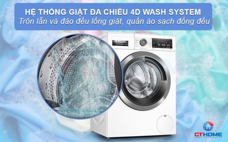 Hệ thống 4D Wash System trộn lẫn và đảo đều lồng giặt, quần áo sạch đồng đều