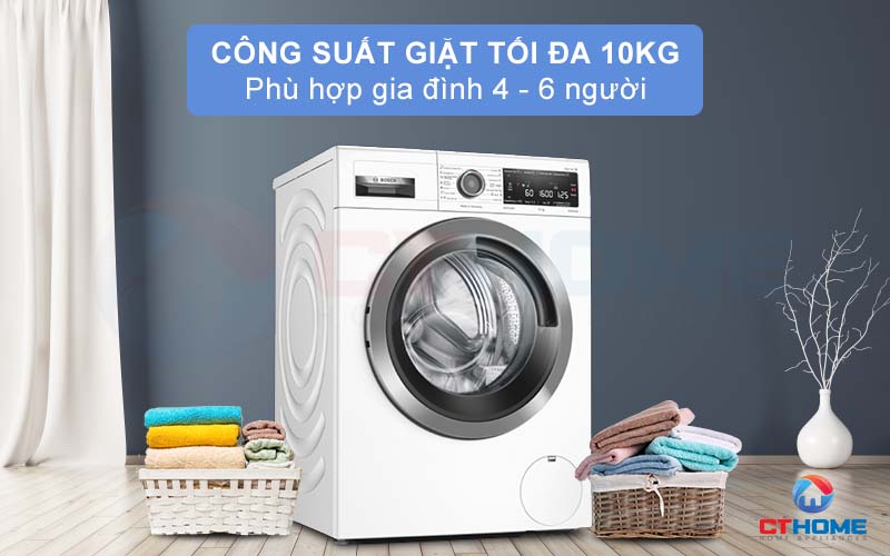 Dung tích lồng chứa lớn, công suất giặt lên tới 10kg phù hợp cho gia đình từ 4-6 người