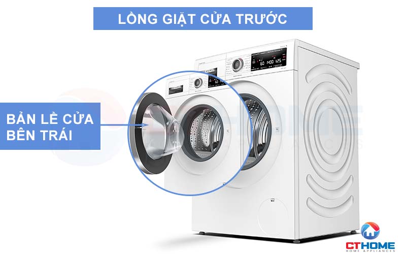 Lồng giặt cửa trước, bản lề cửa bên trái thuận tiện việc đóng mở