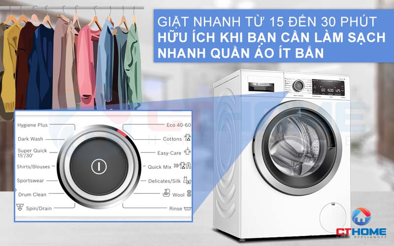 Tính năng Super Quick 15'/30' giúp tiết kiệm thời gian giặt hơn