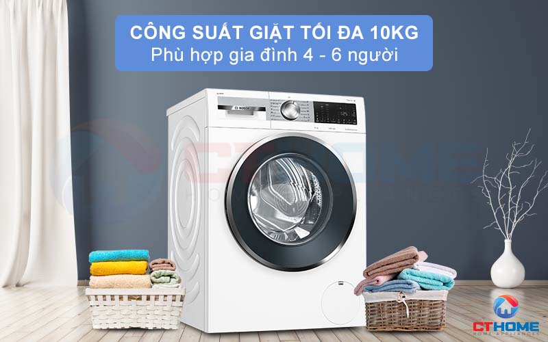 Dung tích lồng lớn, công suất giặt lên tới 10kg phù hợp cho gia đình từ 4-6 người