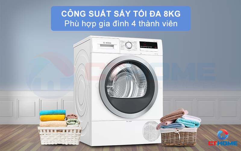 Dung tích chứa lớn, công suất sấy tối đa 8kg phù hợp với gia đình 4 thành viên