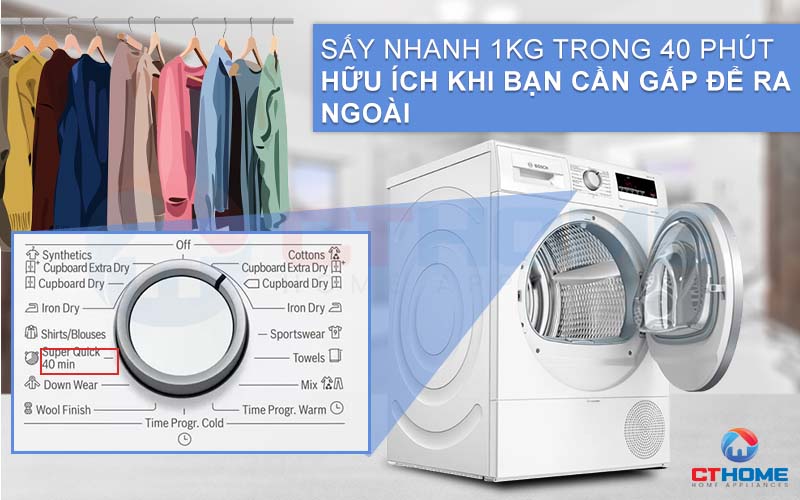 Sấy nhanh 40 phút khi bạn cần gấp quần áo với tính năng Super Quick