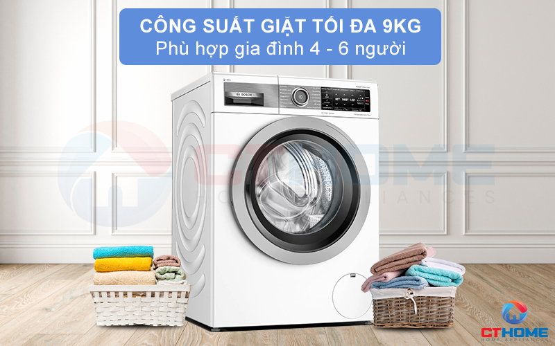 Dung tích chứa lớn, công suất giặt 9 kg phù hợp gia đình 4-6 thành viên