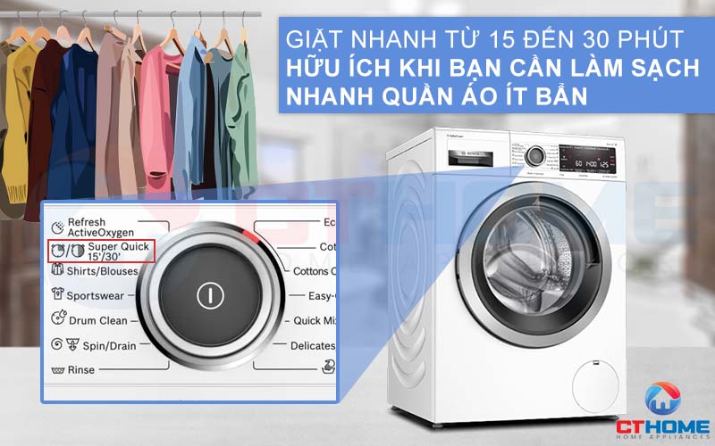 Tính năng Super Quick 15'/30' giúp tiết kiệm thời gian giặt hơn