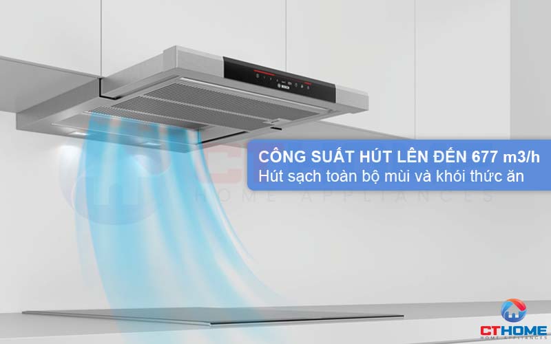 Công suất hút tối đa 677 m3/h hút sạch toàn bộ khói và mùi thức ăn