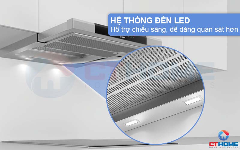 Máy hút mùi âm tủ Bosch DFS067J50B với hệ thống đèn Led tích hợp trên khung máy giúp việc nấu ăn ở không gian tối dễ dàng hơn