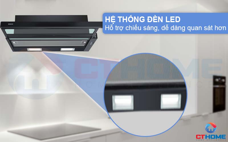 Hệ thống đèn LED trong máy hút mùi âm tủ Bosch giúp hỗ trợ chiếu sáng