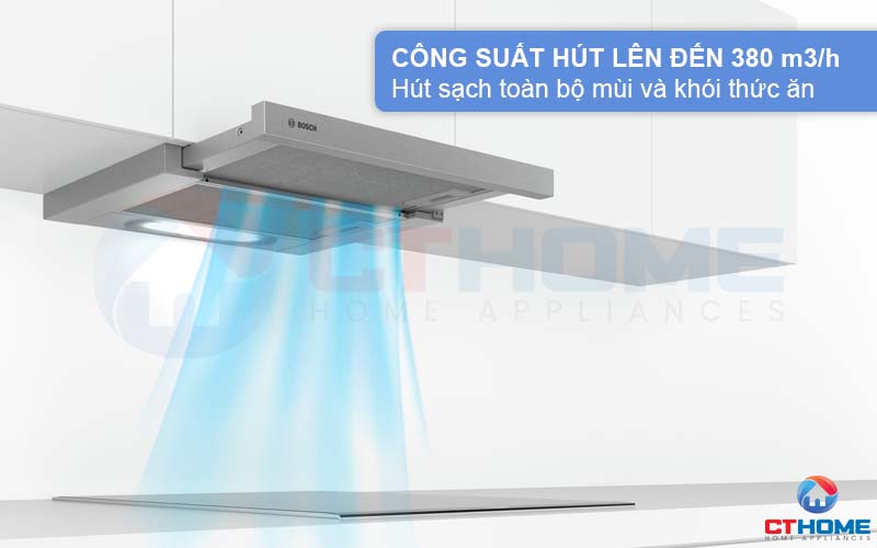 Công suất hút 380 m3/h hút sạch mùi và khói thức ăn, trả lại không khí tươi mát