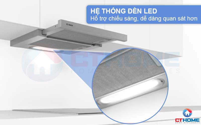 Hệ thống đèn LED hỗ trợ chiếu sáng, dễ dàng quan sát khu vực bếp