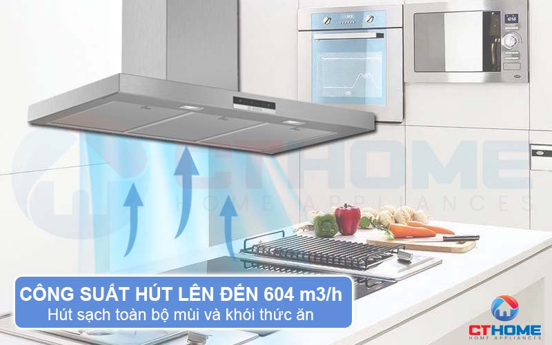 Công suất hút tối đa 604 m3/h hút sạch mùi và khói thức ăn, trả lại không khí tươi mát