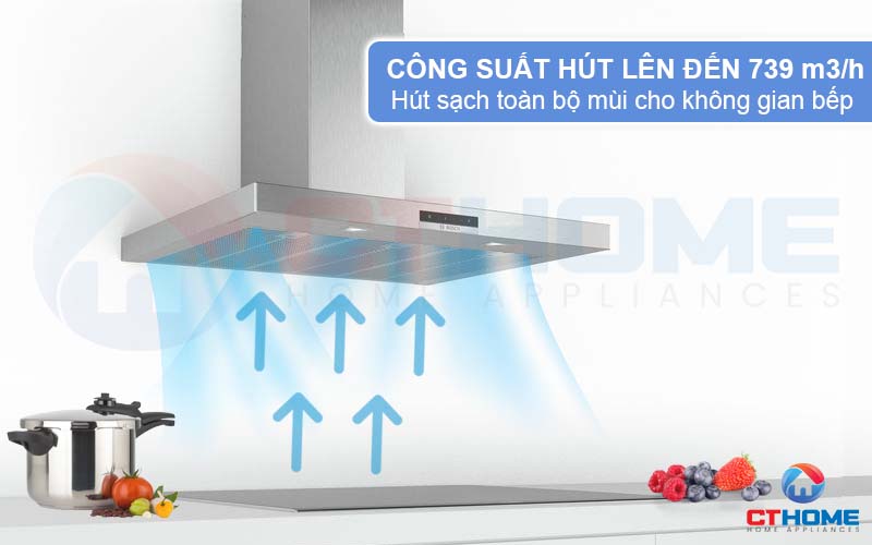 Công suất hút tối đa 739 m3/h hút mùi và khói thức ăn, trả lại không khí tươi mát