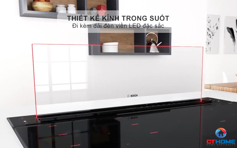 Thiết kế kính trong suốt GlassDraft của hút mùi âm bàn Bosch DDW88MM66 với đèn viền LED