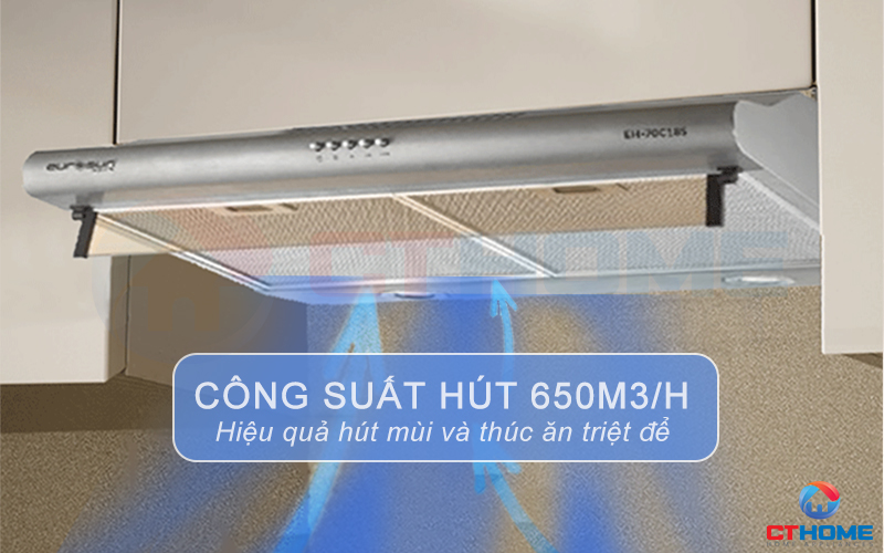 Công suất hút tối đa đến 650m3/h hút sạch mùi thức ăn, tạo không khí sạch sẽ