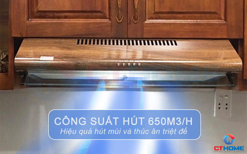 Công suất hút tối đa đến 650m3/h hút sạch mùi thức ăn, tạo không khí sạch sẽ