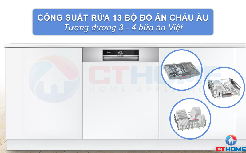 Máy rửa bát Bosch SMI88US36E serie 8 có công suất rửa lên đến 13 bộ đồ ăn Châu Âu