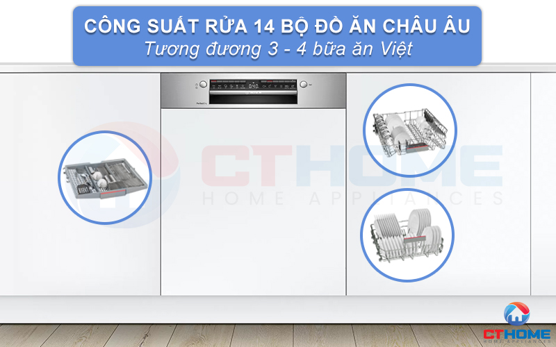 Công suất rửa tối đa của máy rửa chén Bosch có thể đạt đến 14 bộ đồ ăn