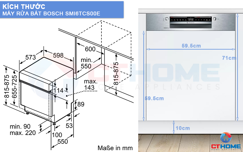 Kích thước máy rửa bát bán âm Bosch SMI6TCS00E Serie 6