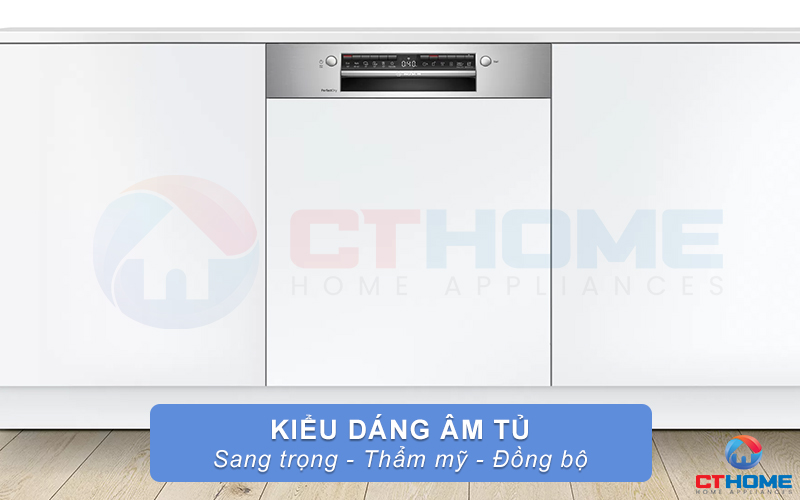 Máy rửa bát Bosch SMI6TCS00E có kiểu dáng âm tủ sang trọng và thẩm mỹ.