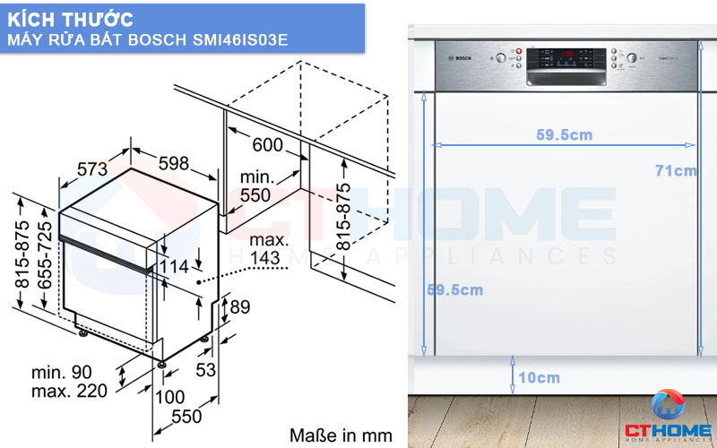 Kích thước máy rửa bát bán âm Bosch serie 4 SMI46IS03E và tấm ốp gỗ