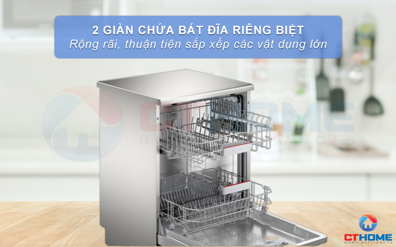 Hệ thống 2 giàn rửa rộng rãi, thuận tiện sắp xếp vật dụng lớn.