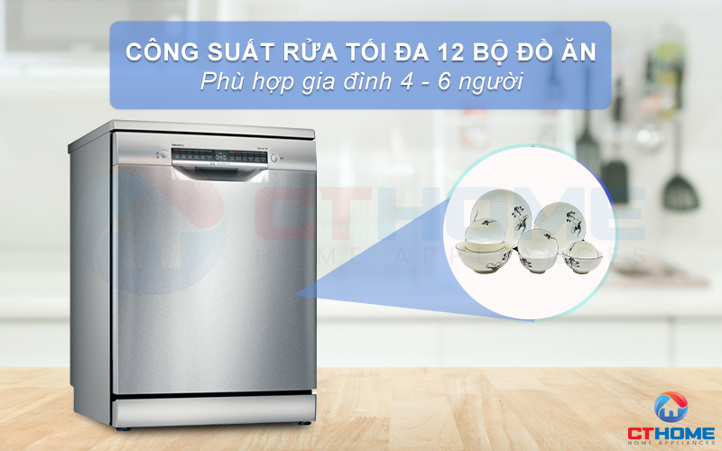 Máy rửa chén độc lập Bosch SMS4IVI01P có thể rửa tối đa 12 bộ đồ ăn.