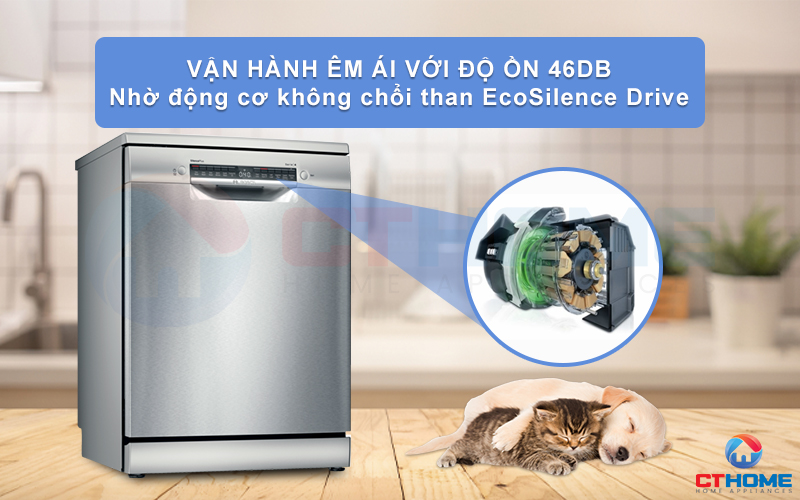 Độ ồn của máy rửa chén Bosch SMS4IVI01P ở mức 46dB nhờ động cơ EcoSilence Drive.