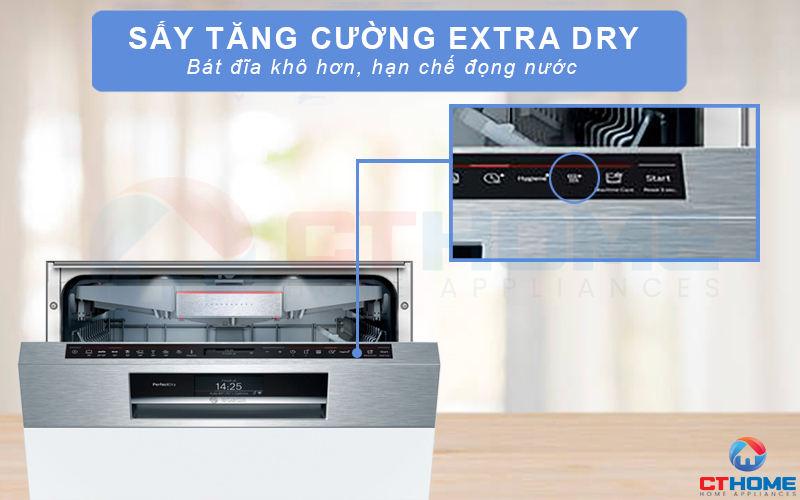 Sấy tăng cường Extra Dry giúp bát đĩa luôn sạch khô và sáng bóng