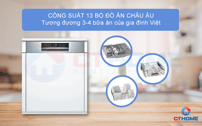 Công suất rửa của máy rửa bát Bosch SMI68MS07E serie 6 có thể đạt tối đa 13 bộ đồ ăn Châu Âu