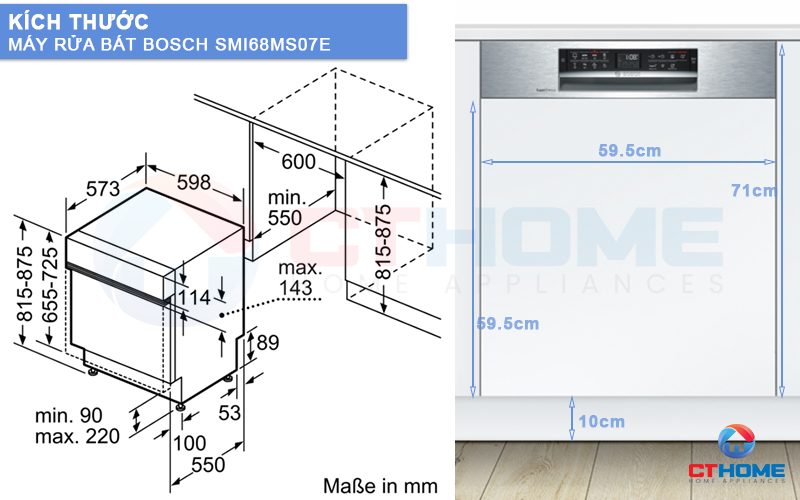 Kích thước máy rửa bát bán âm Bosch SMI68MS07E và tấm ốp gỗ