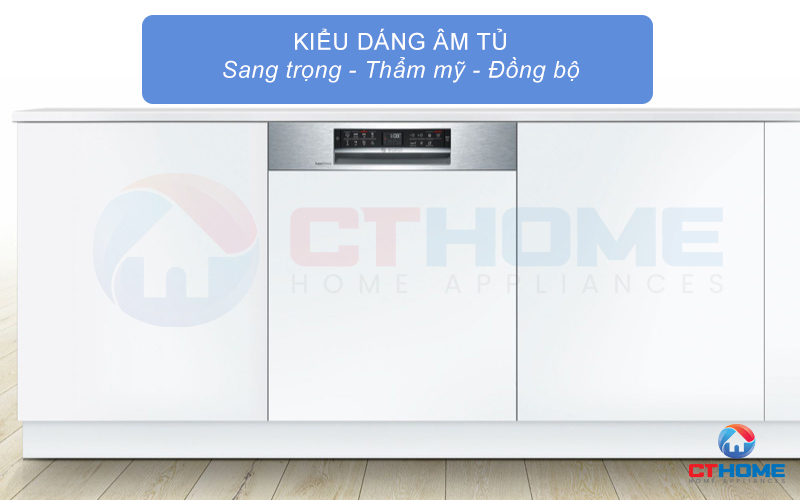 Kiểu dáng bán âm của máy rửa bát Bosch SMI68MS07E mang đến sự sang trọng, thẩm mỹ cho gian bếp