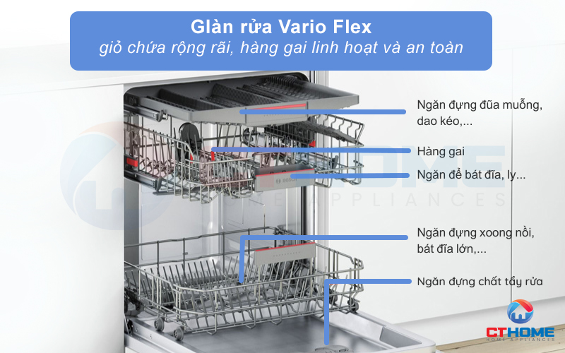 Hệ thống giỏ chứa VarioFlex rộng rãi, dễ dàng điều chỉnh để tối đa hoá không gian chứa