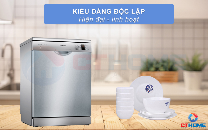 Máy rửa bát Bosch SMS25DI05E có kiểu dáng đứng độc lập chắc chắn và linh hoạt