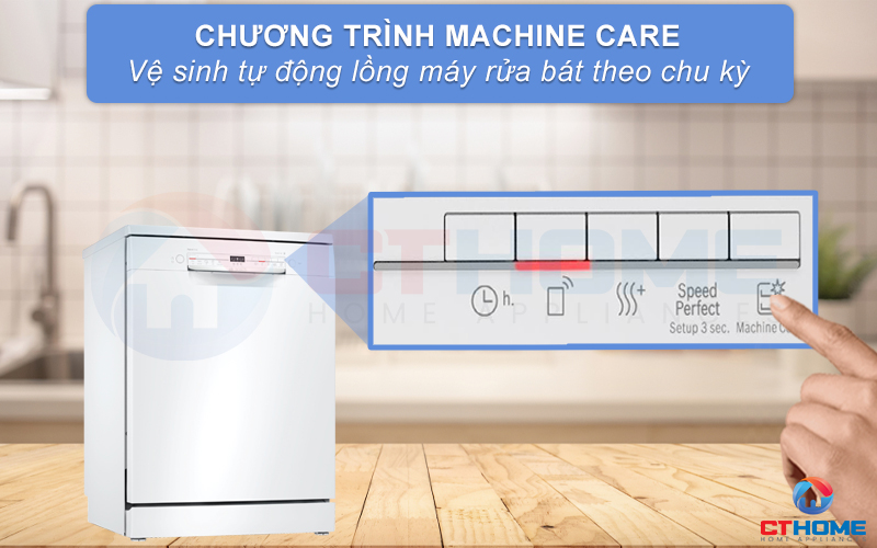 Chương trình vệ sinh tự động Machine Care sẽ làm sạch toàn bộ khoang rửa chỉ với 1 chạm