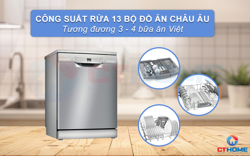 Công suất rửa của máy lên đến 13 bộ bát đĩa