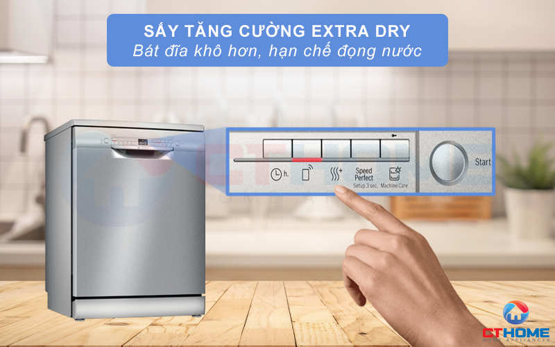 Tính năng sấy tăng cười Extra Dry giúp bát đĩa khô hơn